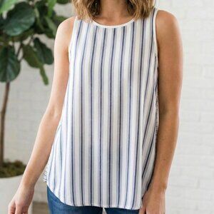 Ann Taylor LOFT Small Sleeveless Top Blue White Stripe Keyhole Back